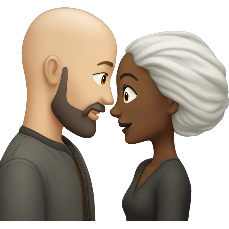 White Man bald with dark beard kissing short brown woman with long dark wavy hair emoji