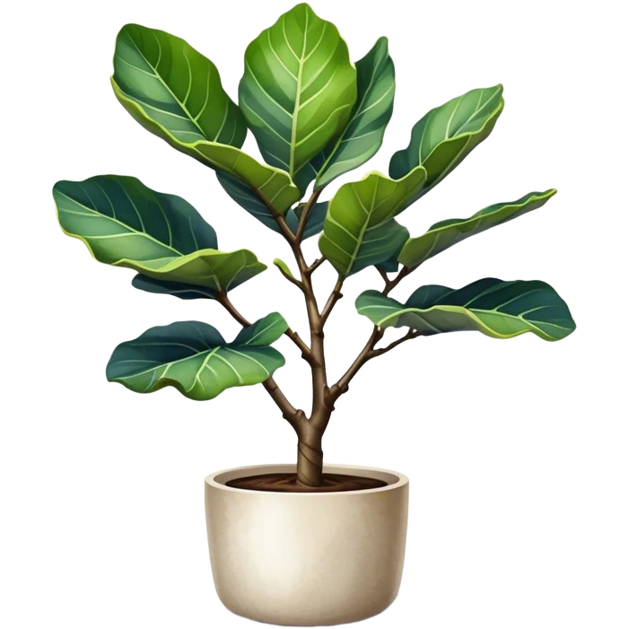An elegant fiddle-leaf fig tree in a modern minimalist pot, painted in watercolor with realistic shadows and highlights. emoji