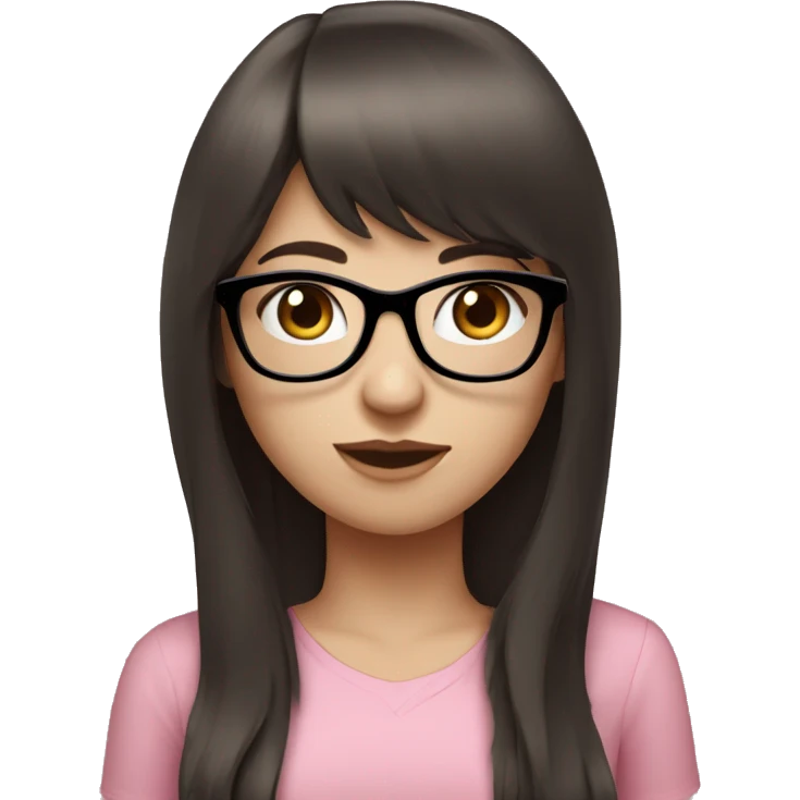 Girl with long dark brown hair and bangs and black glasses pale skin pink shirt emoji