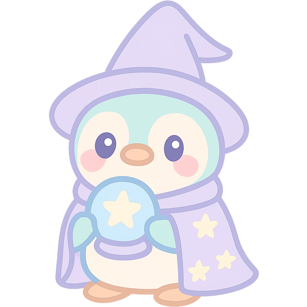 penguin wizard holding a crystal ball, starry cloak, enchanting emoji