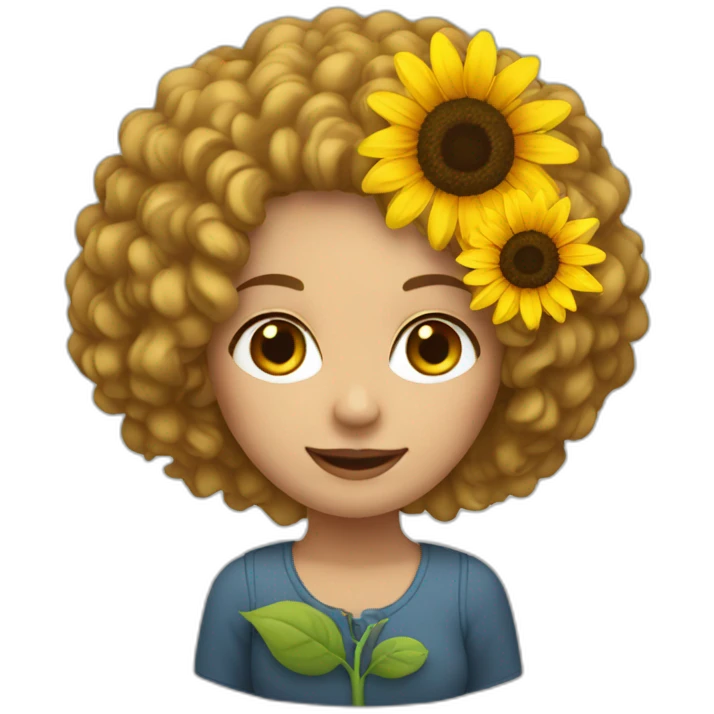 White woman with curly hair holding a sunflower emoji