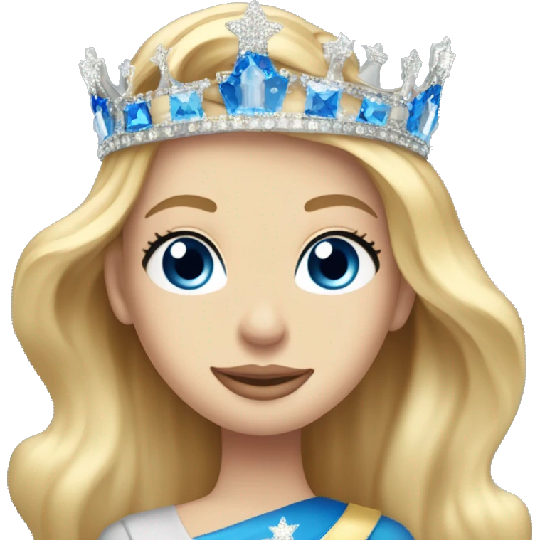 Long blonde hair blue eyed beauty queen with crown on and sash that says American united miss preteen emoji