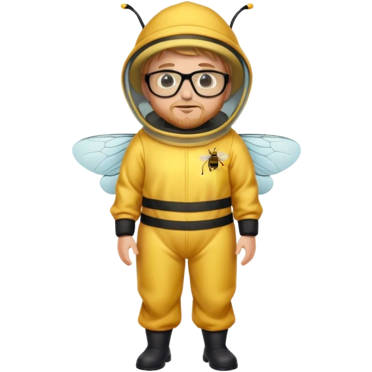 full body medium plus size male bee keeper in yellow and black with short light strawberry blonde hair and goatee wearing glasses with bee keeper hat emoji