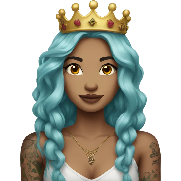 Beautiful girl with tattoos.  long hair and wears a crown emoji