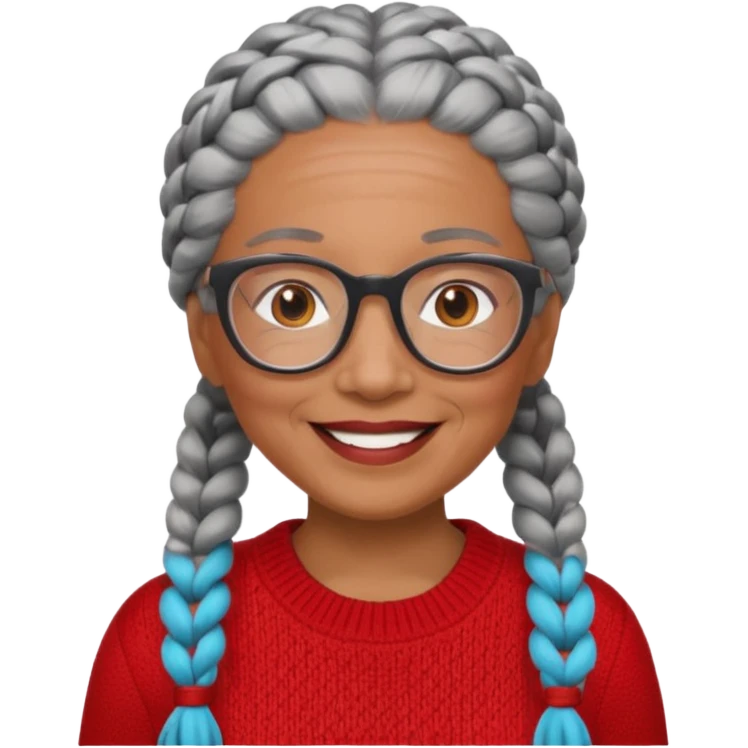 Older woman of color with gray braids, glasses and smiling emoji