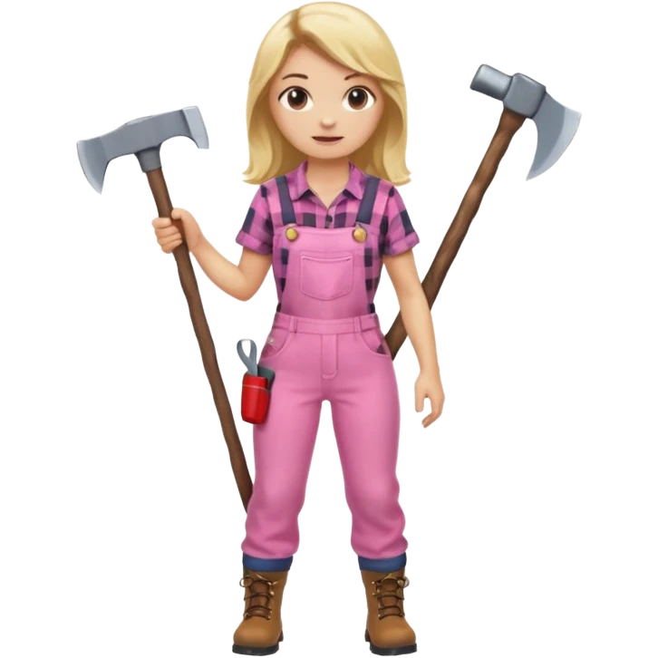 lumberjack blonde woman holding axe pink checked shirt and overall emoji