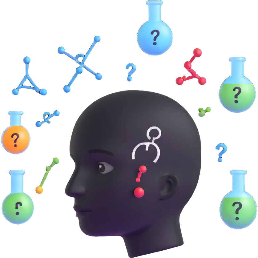thinking face with chemistry symbols and question marks, representing asking about valency emoji