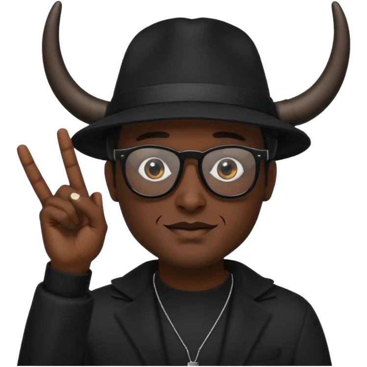 man dressed in black with dark glasses black Lens and a black hat hwo making the horns gesture on each  hands emoji