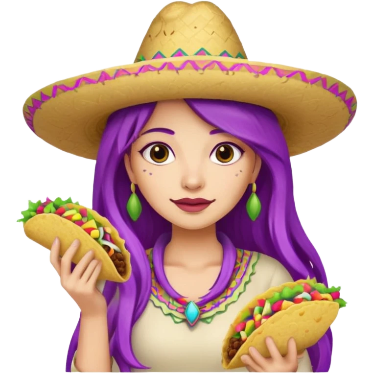 woman holding taco with purple long hair and hat on head  emoji