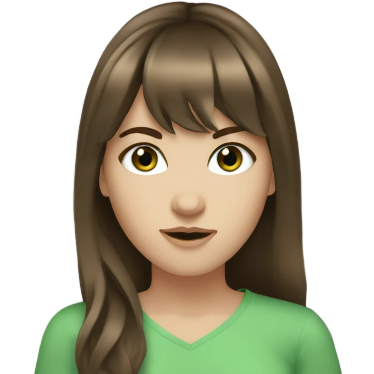 White girl green eyes with long voluminous brown hair with bangs emoji