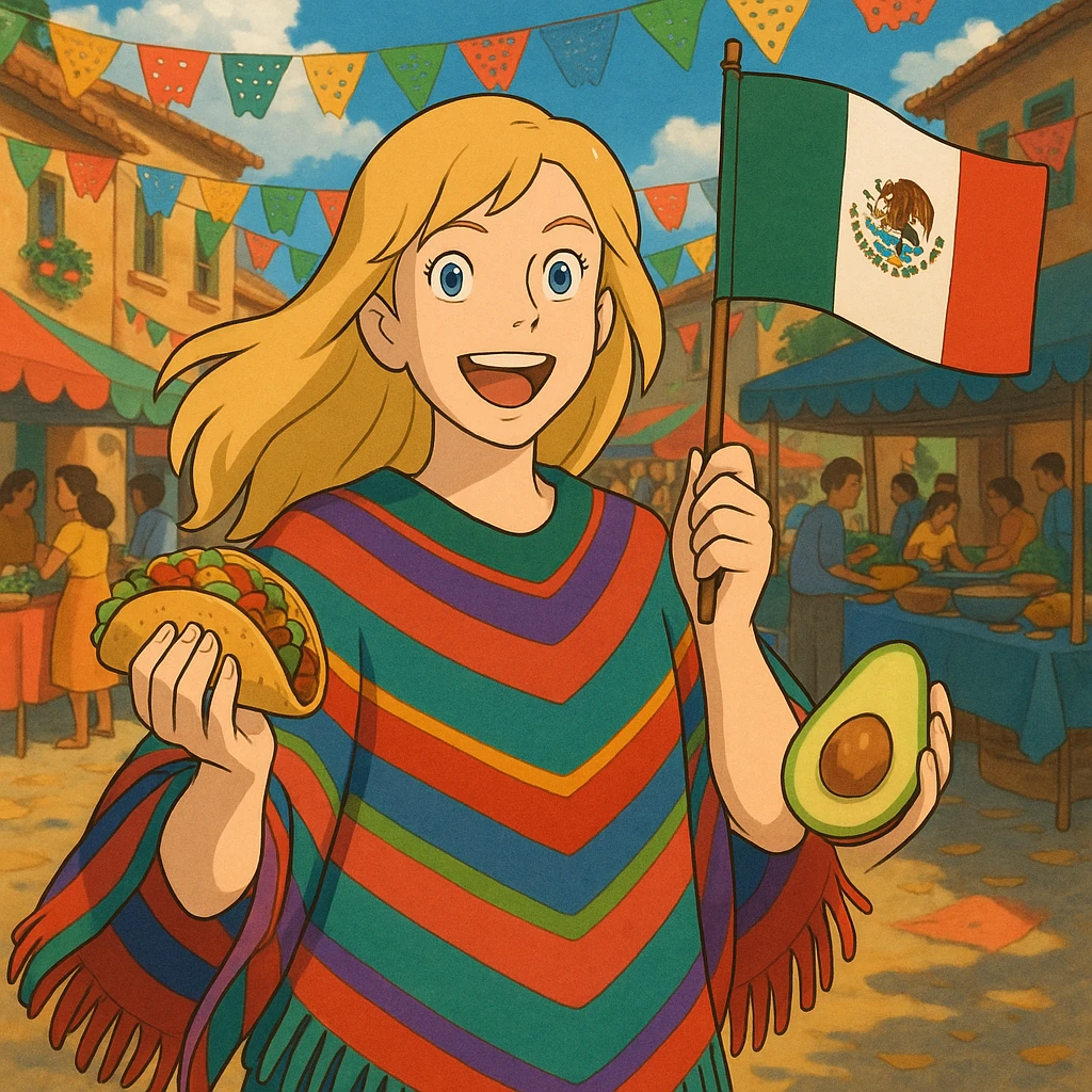 ghibli style cartoon of a tall blonde woman in a colorful poncho, smiling, holding a taco and avocado, waving a Mexico flag, festive street party background with food and decorations emoji