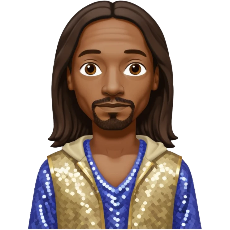 Snoop Dogg with long dark brown hair, periwinkle sequin crop top, cream sequin baggy pants emoji