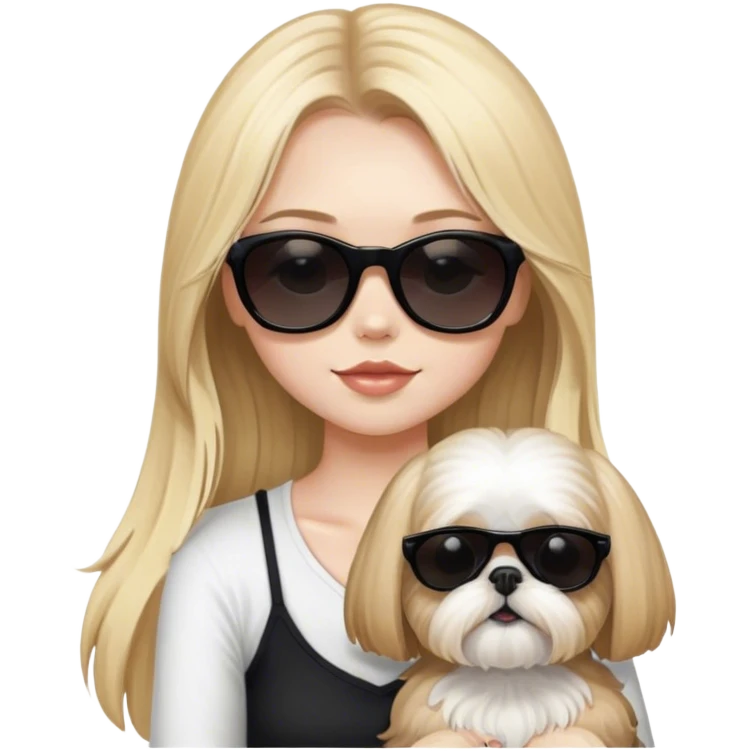 Blonde girl with long hair wearing black sunglasses and pale skin holding tan Shih Tzu  emoji