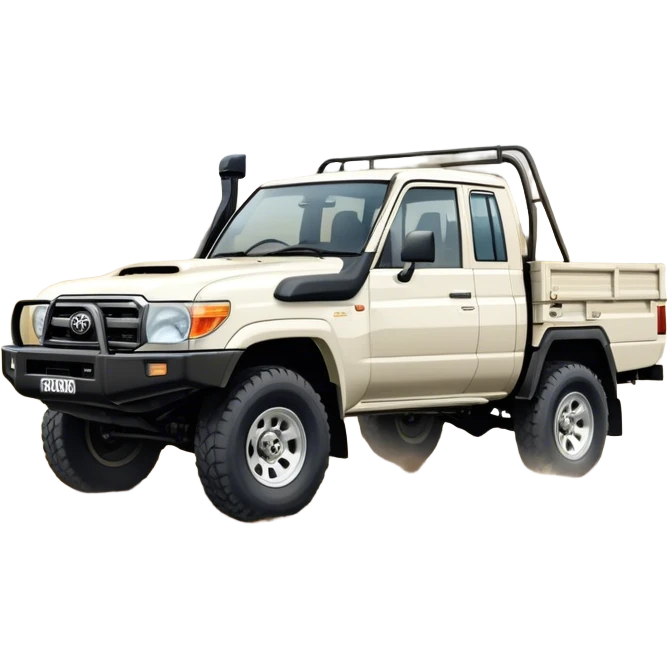 Toyota LandCruiser 70 Series (2021) – Cinematic-realistic Toyota LandCruiser 70 Series ute, its rugged white frame bouncing over rough farm tracks. Dust billows behind as the vehicle powers across dry paddocks, a trusty farm dog perched in the tray, scanning the horizon. emoji