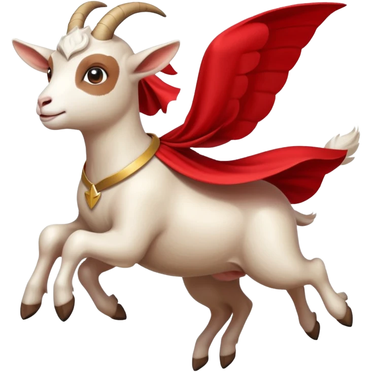 side view of white female goat wearing a read cape like superman emoji