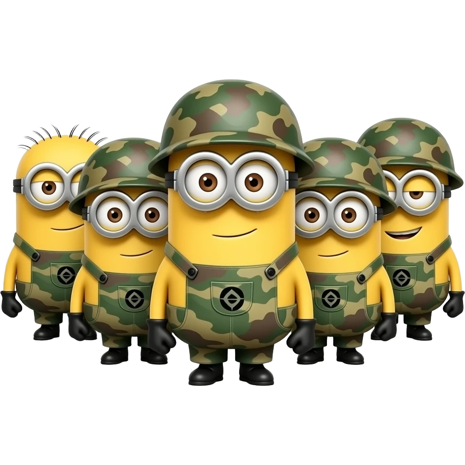 Goup of minions IN ARMY FATIGES  text  ALL HAIL GIGGLE CHICKS emoji