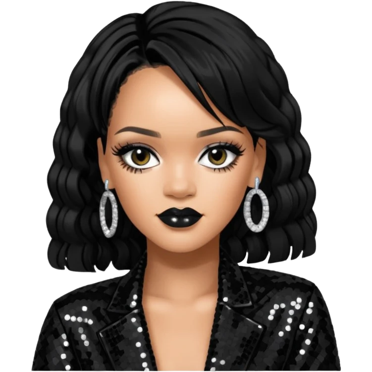 Rihanna with jet black hair, black sequin outfit emoji