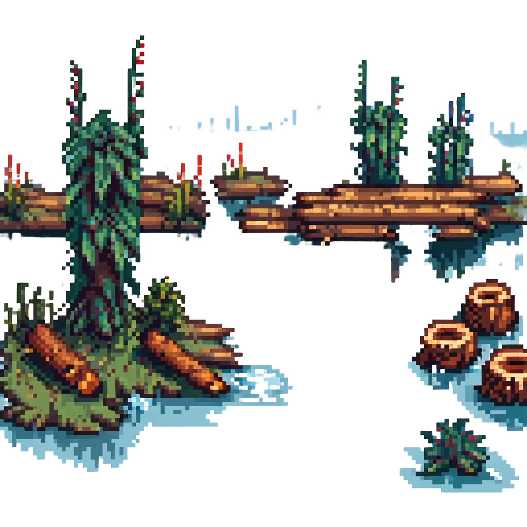 swamp with water, logs, and cattails, pixel art style emoji