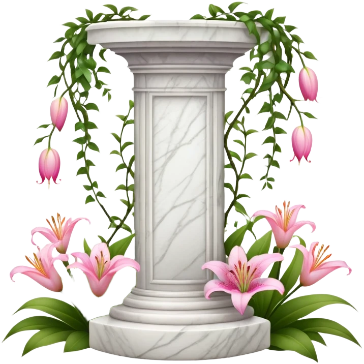 White tall marble pedestal with vines growing around it and pink lilies, beautiful romantic scenery  emoji