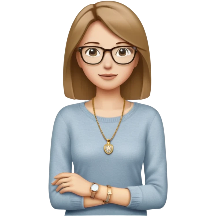 Cheveux : Mi-longs, lisses, châtain clair 	•	Accessoires : Lunettes de vue, collier avec un pendentif 	•	Tenue : Pull gris, jean clair, bracelet doré 	•	Posture : Décontractée, légèrement penchée sur le côté 	•	Expression : Détendue, bouche légèrement entrouverte emoji