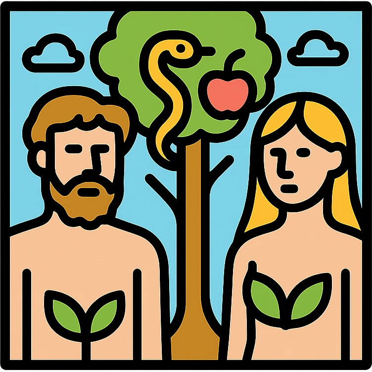 Adam and Eve in the Garden of Eden, with the apple and the snake, minimal and modern style, square scene emoji