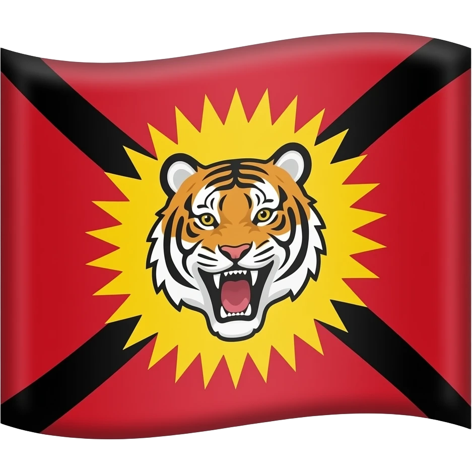 Flat flag emoji style, red background, centered simplified roaring tiger head with yellow sunburst circle, minimal black crossed shapes behind, bold colors, clean lines, no shading,  rectangular flag. emoji