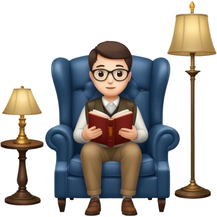 peruse at your leisure, person reading with small glasses in a wingback chair next to a lamp emoji