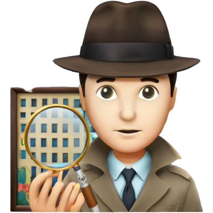 A colorful collage featuring iconic detective elements—magnifying glass, a fedora hat, a cigarette, a shadowy figure, and a mysterious city backdrop, a board with photos of suspects. Include subtle clues like fingerprints or a crime scene. Retro movie poster style. Transparent background. emoji