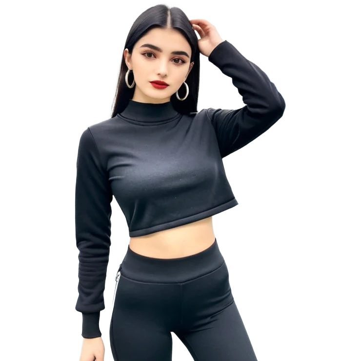 Siyah uzun saçlı siyah ceket  polar ceket ceket gevşek biraz omzundan çıkıyormuş gibi ve bugday ten rengi soltaraftaki omzundan çıkık sadece içinde de siyah crop var crop açık esmer esmer ceketin içinde siyah crop var ceket fazla omzundan çıkmasın  emoji