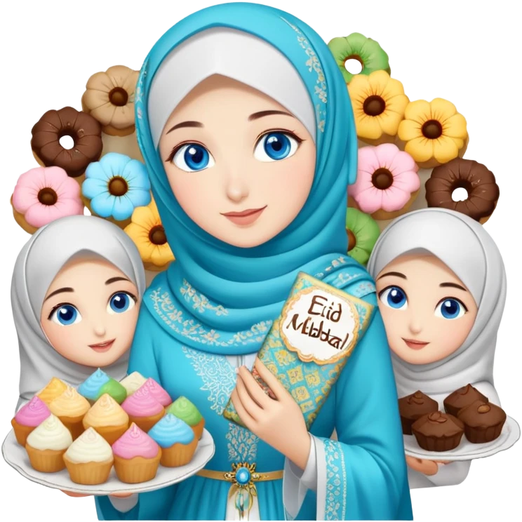 Turkish beautiful finish Konya girl blue eyes with lily floral hijab islamic dress and had on her hand text Eid Mubarak with sweets and celebrating with her friends eid days   emoji