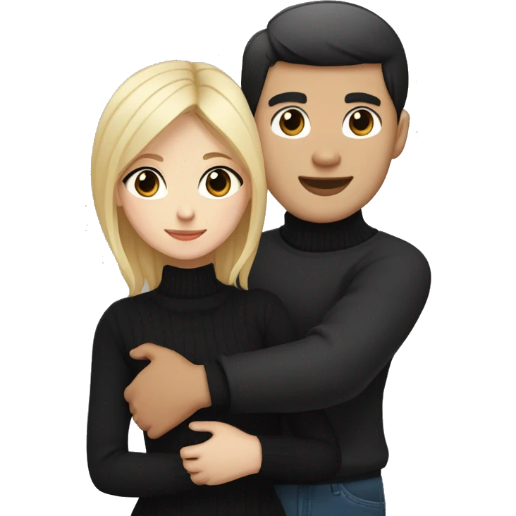 Blonde girl with blue eyes in black sweater and an east asian man with black hair and black eyes hugging emoji