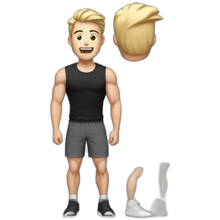 amazed Open with surprise mouth Pale skinned Fit Man With the biceps and dark brown hair in black shirt, gray sports shorts and white Sneakers emoji