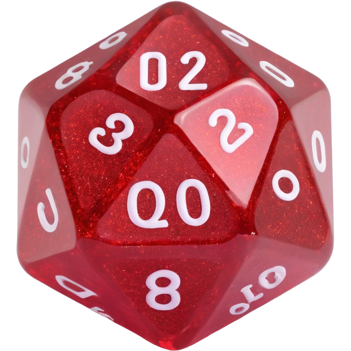 translucent d20 die with glitter emoji