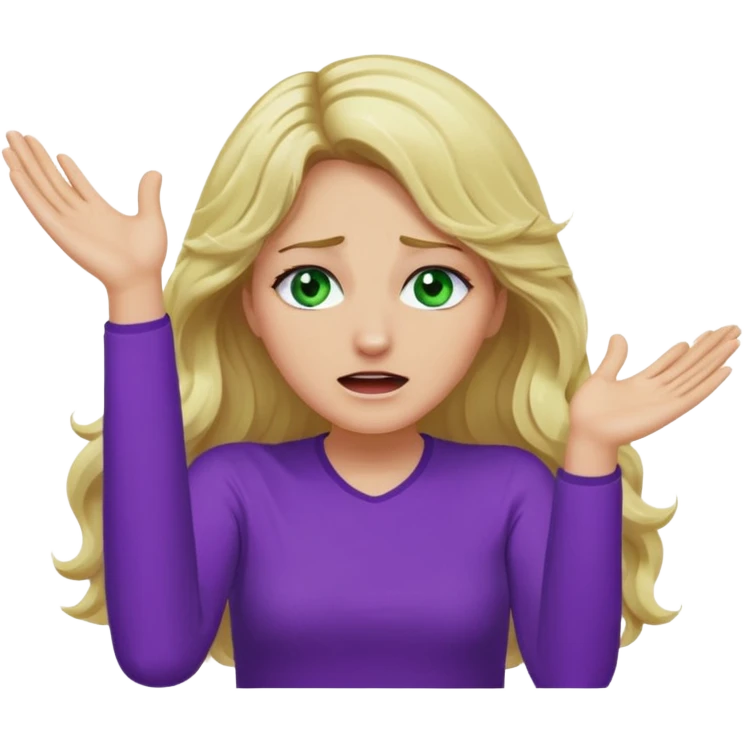 lady with long wavy blonde hair, purple top, green eyes, throwing her hands in the air crying emoji