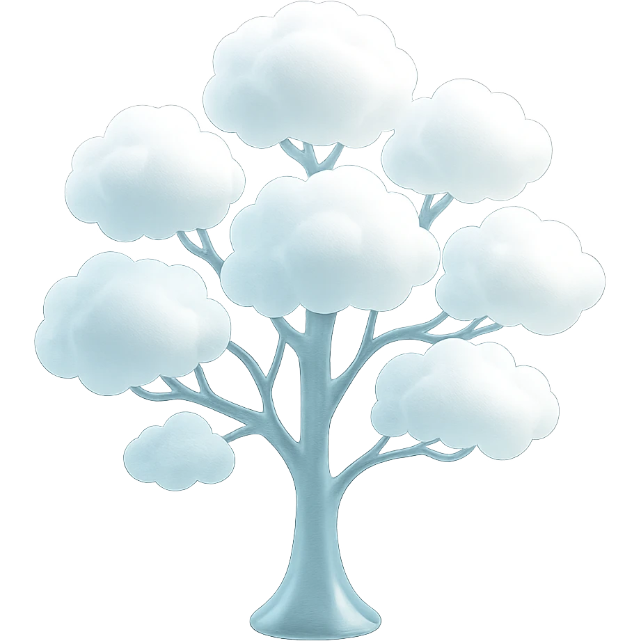 one tree with many branches and a white trunk, crown made of small very bright white fluffy convex clouds, matte glass style emoji
