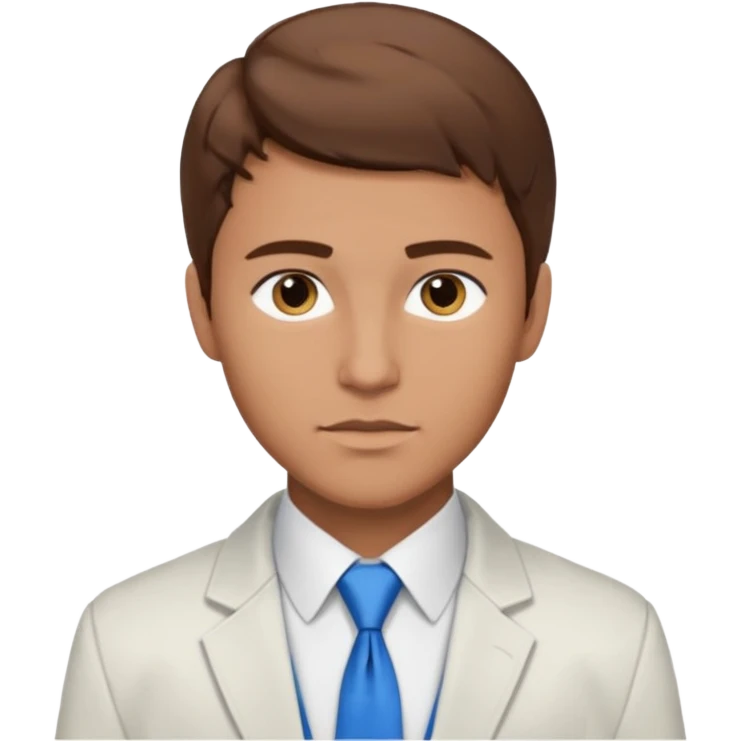 un homme type caucasien brun plutot jeune avec des jolies traits avec une chemise blanche et une veste a manche longues et cravate bleu il a les yeux marron emoji