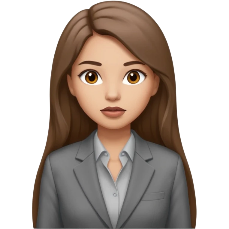 a young woman in a grey pantsuit.   She has brown eyes and very long brown hair. The parting of the hair is straight in the middle and the skin color is light. Lips are pumped up emoji
