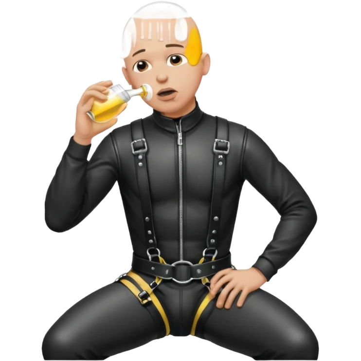 submissive bald man on his knees in a black leather harness standing man in leather, pouring piss down his throat emoji