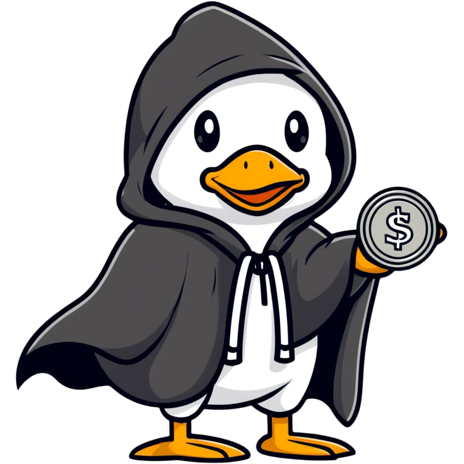 A cool duck wearing a black hooded cloak holding a silver coin emoji