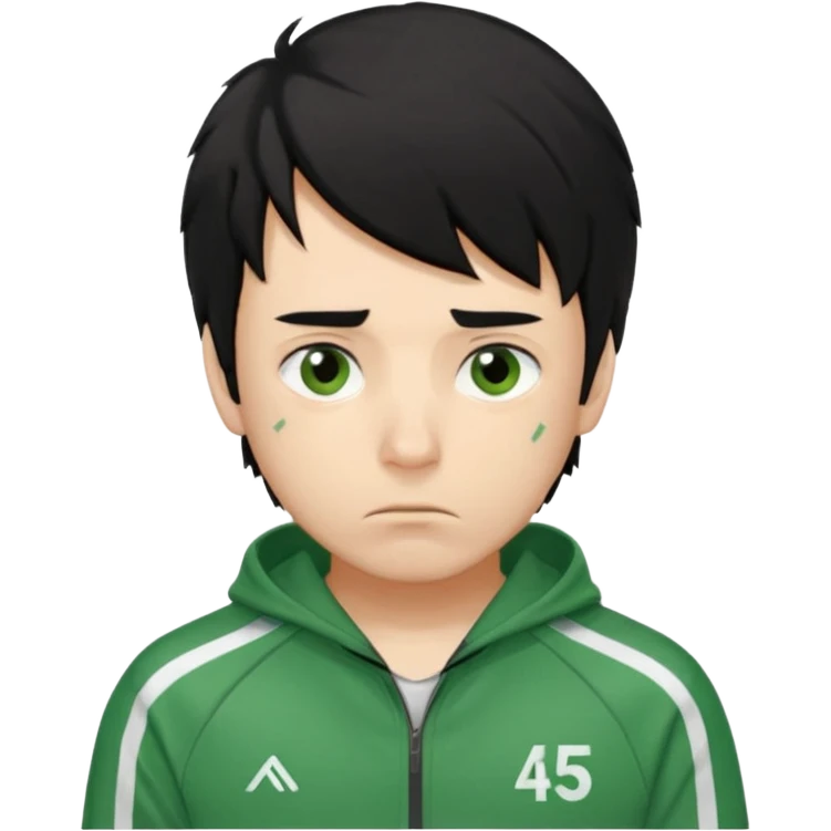 squid game player 456
Hair: Messy, medium-length black hair 🖤💇‍♂️
Face: Tired eyes, often anxious or nervous look 😟👀
Clothes: Green tracksuit with white stripes 🟢👟 (number 456 on his chest)


 emoji
