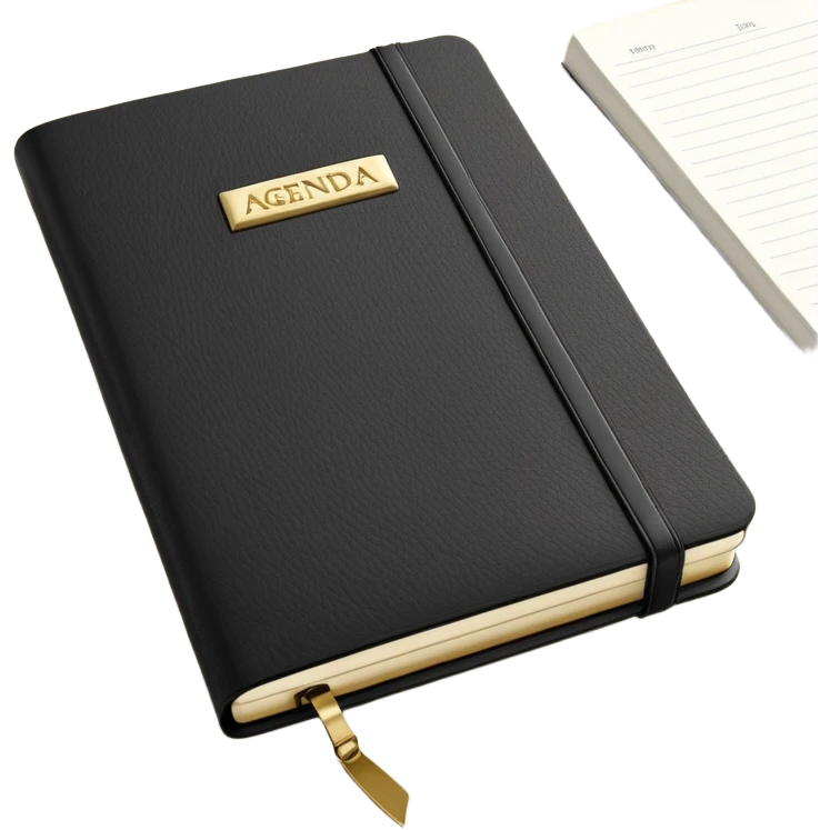 A closed black Moleskine notebook with 'AGENDA' embossed on the cover, professional meeting planner emoji