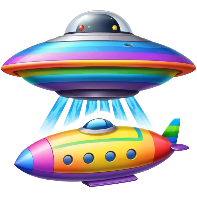 A colorful rainbow crayon character riding on top of a flying saucer UFO in space emoji