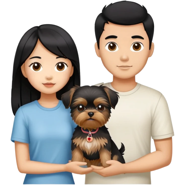 beautiful asian girl with black hair holding a yorkshire terrier, standing next to her tanned boyfriend holding a shih tzu emoji