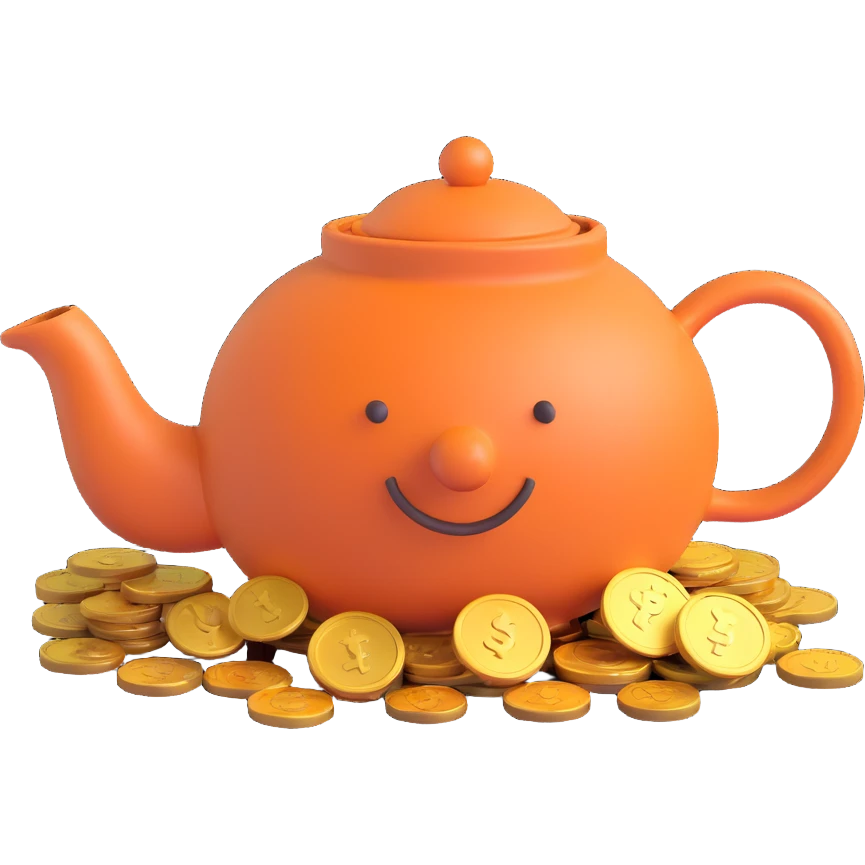 a teapot pouring out coins, fun and cartoonish emoji