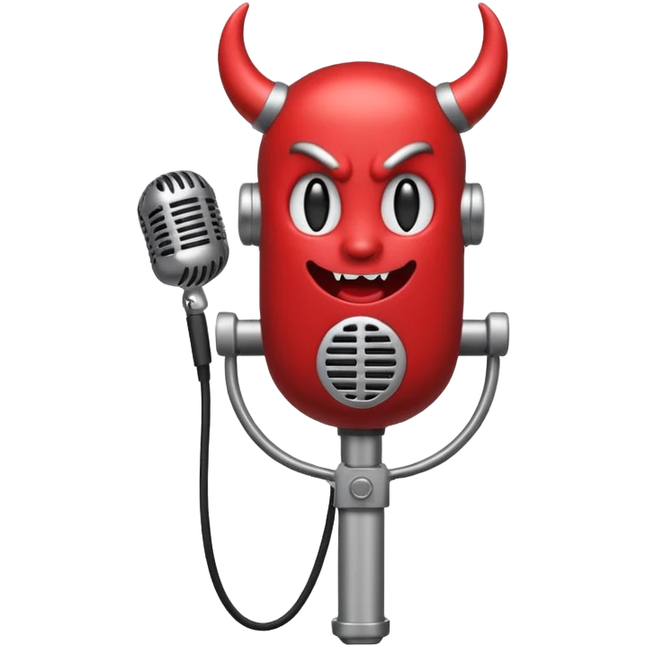 Minimalist emoji-style sticker of a classic retro microphone with small devil horns and a subtle tail wrapping the base. Grayscale with slight red accents.
 emoji