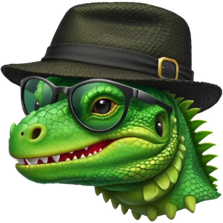 capitalist iguana head with black reflex sunglasses and hat smiling sarcastically emoji