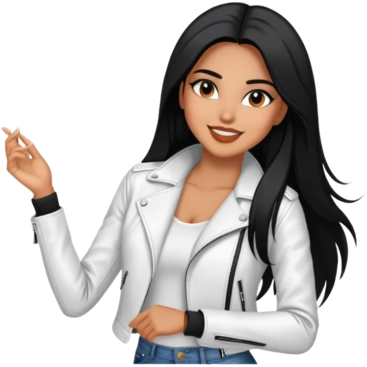beautiful fit woman, with long straight black hair, with make up, black eye liner, smile mooth close, mexican, brown skin, wearing casual white outfit and leather black jacket, flirting emoji
