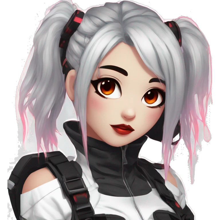 Gorgeous futuristic glowing gothic techwear anime style lady with blushing face aesthetic and pretty edgy black red punk messy wild cute hair with collar and harness trending style emoji