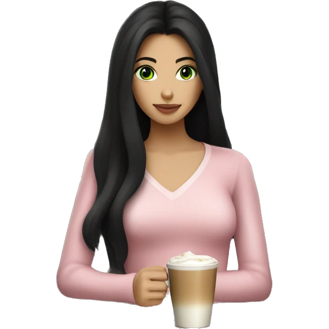 girl with very long black hair and green eyes and light pink outfit drinking a latte emoji