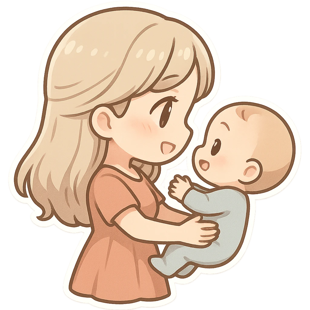 adult woman with long light hair holding a baby in her arms, they look at each other and smile, side view, chibi stickers style, thin clean outlines, soft rounded shapes, pastel palette, detailed shadows and highlights, soft lighting emoji
